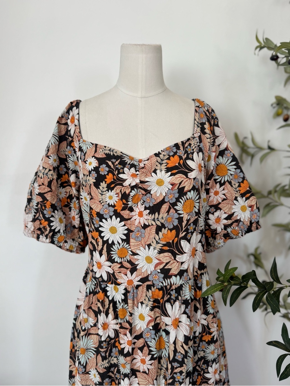 ANA New York Floral Puff Sleeve Midi Dress XXL Cottagecore Boho Daisy Print - Picture 2 of 6